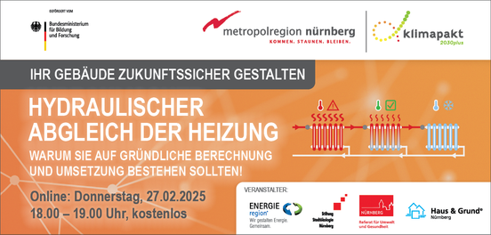 Banner zur kostenlosen Online-Infoveranstaltung: Hydraulischer Abgleich der Heizung. Warum Sie auf gründliche Berechnung und Umsetzung bestehen sollten!