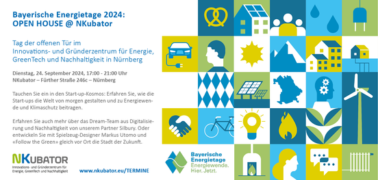 Vom 21. bis 29. September 2024 finden die Bayerischen Energietage statt. Wir sind mit «OPEN HOUSE @ NKubator» aktiv mit am Start: Der NKubator – das Innovations- und Gründerzentrum für Energie, GreenTech und Nachhaltigkeit in Nürnberg – stellt sich vor.